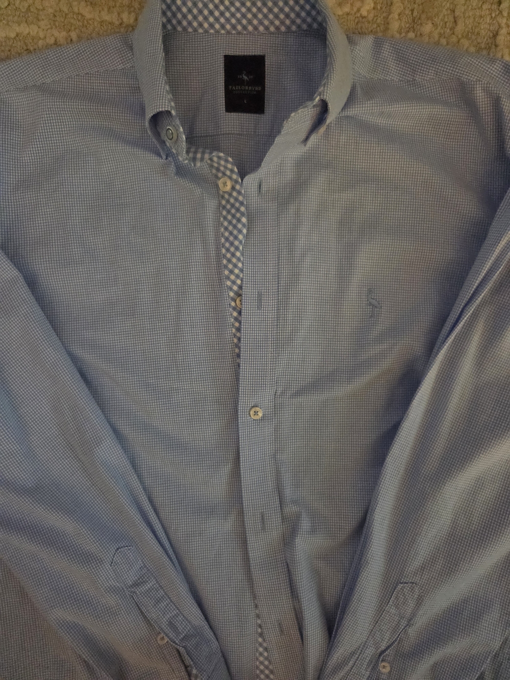 TailorByrd Light Blue Micro-Check Dress Shirt Gingham Trim Men's Size L